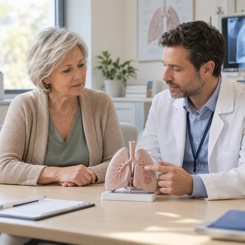 Adult participant and clinical research professional discussing a lung model
