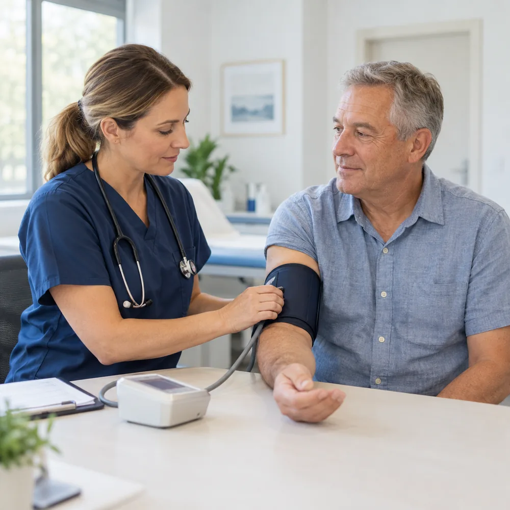 Clinical research professional checking an adult participant’s blood pressure