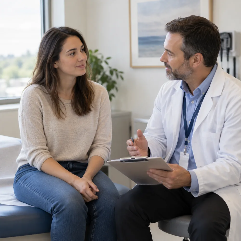 Adult participant discussing sleep history with a clinical research professional