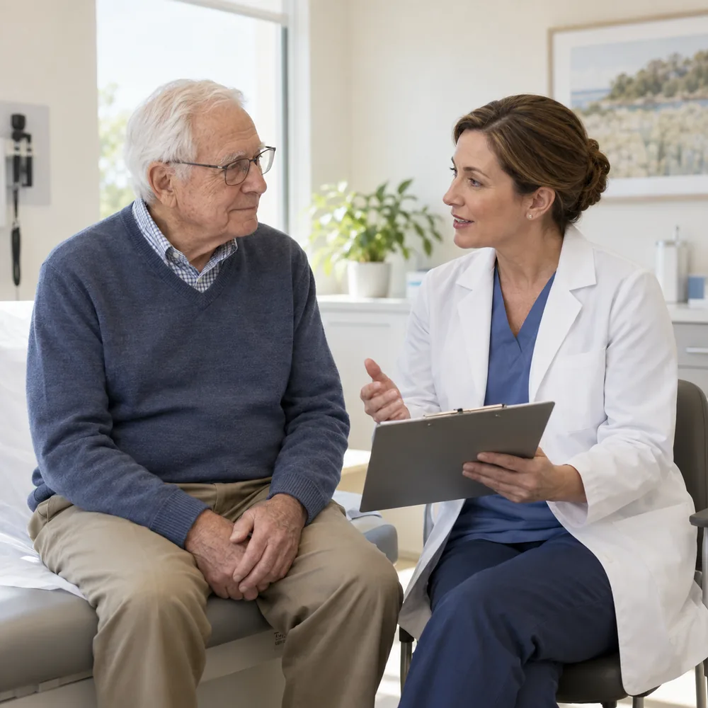 Older adult participant discussing study screening with a clinical research professional