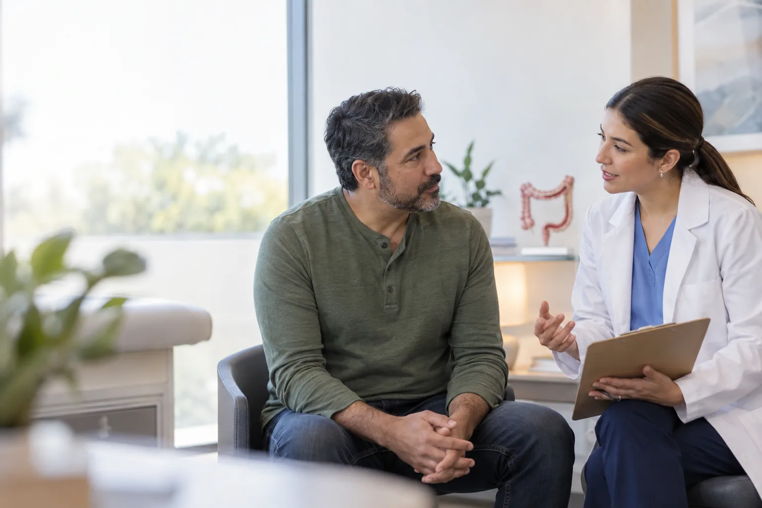 Clinical research coordinator consulting with an adult participant
